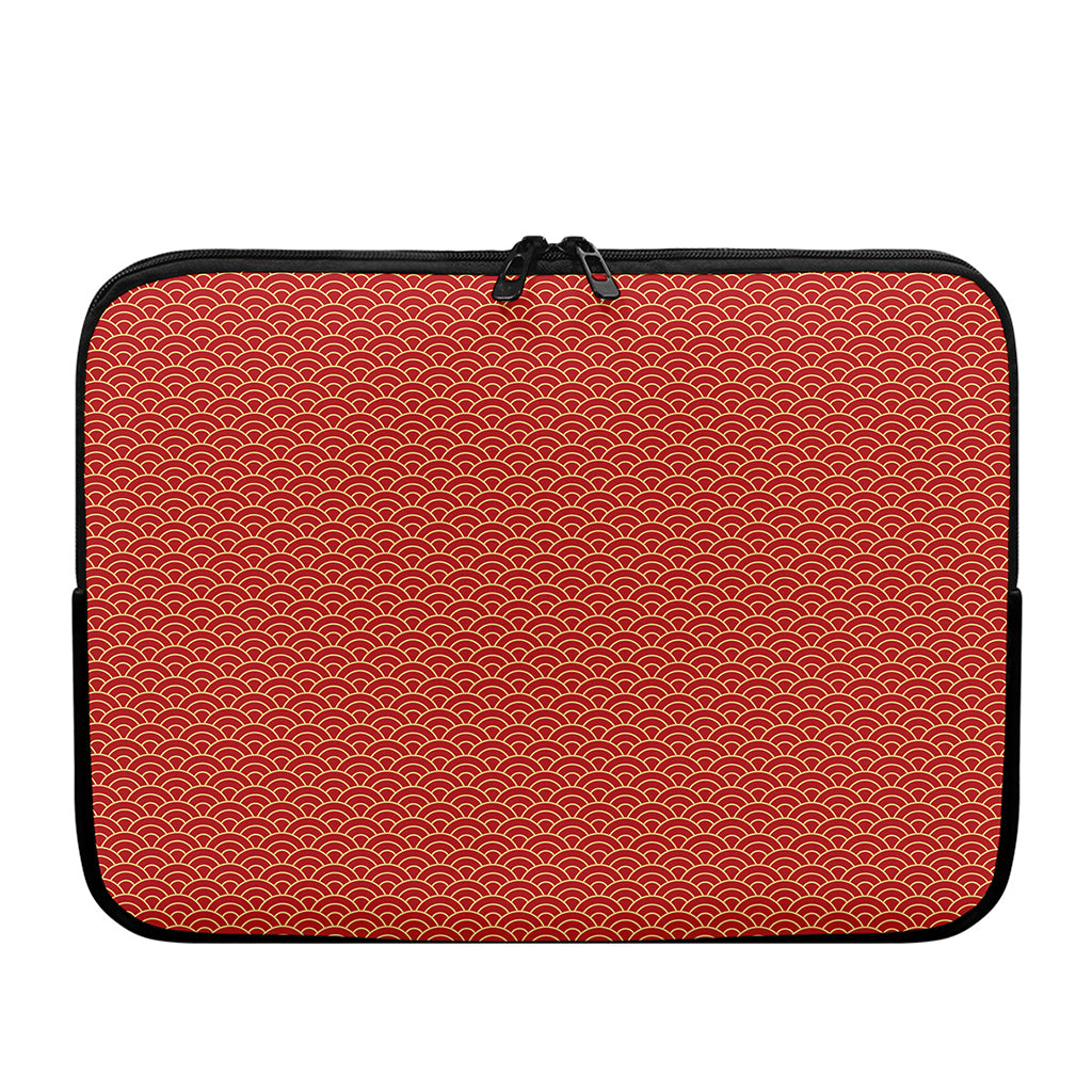 Red Japanese Wave Pattern Print Laptop Sleeve