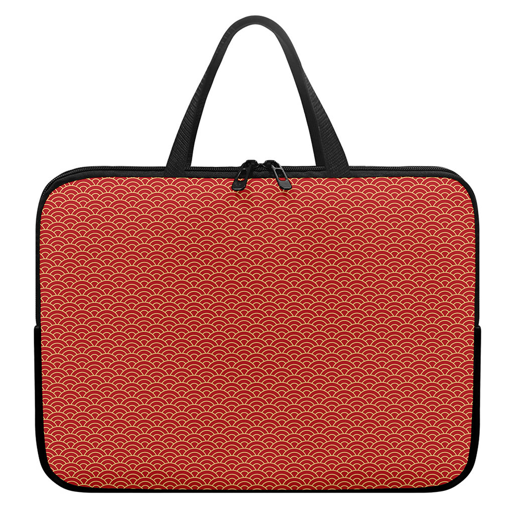 Red Japanese Wave Pattern Print Laptop Sleeve With Handle