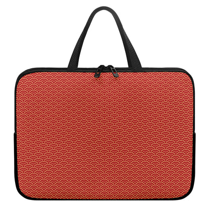 Red Japanese Wave Pattern Print Laptop Sleeve With Handle
