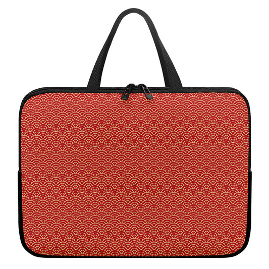 Red Japanese Wave Pattern Print Laptop Sleeve With Handle