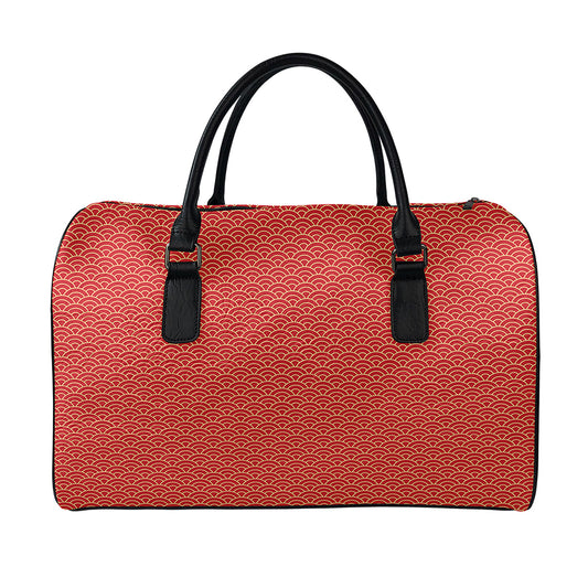 Red Japanese Wave Pattern Print Leather Duffle Bag