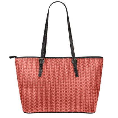 Red Japanese Wave Pattern Print Leather Tote Bag