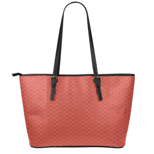Red Japanese Wave Pattern Print Leather Tote Bag