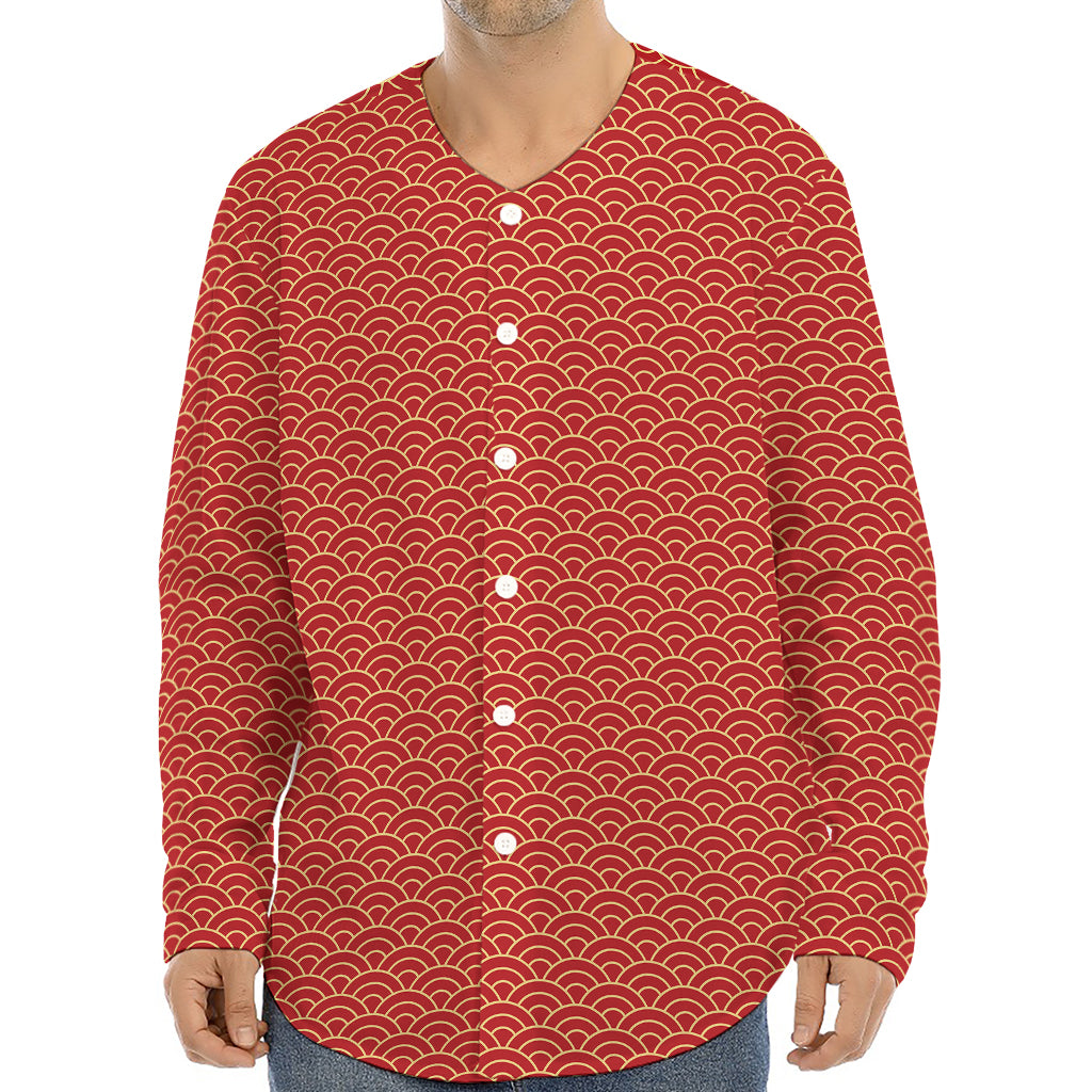 Red Japanese Wave Pattern Print Long Sleeve Baseball Jersey