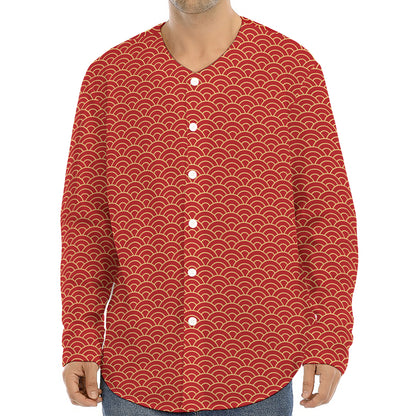 Red Japanese Wave Pattern Print Long Sleeve Baseball Jersey