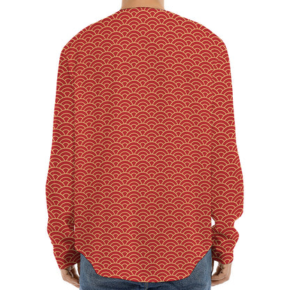 Red Japanese Wave Pattern Print Long Sleeve Baseball Jersey