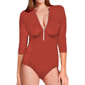 Red Japanese Wave Pattern Print Long Sleeve Swimsuit
