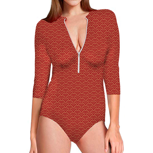 Red Japanese Wave Pattern Print Long Sleeve Swimsuit