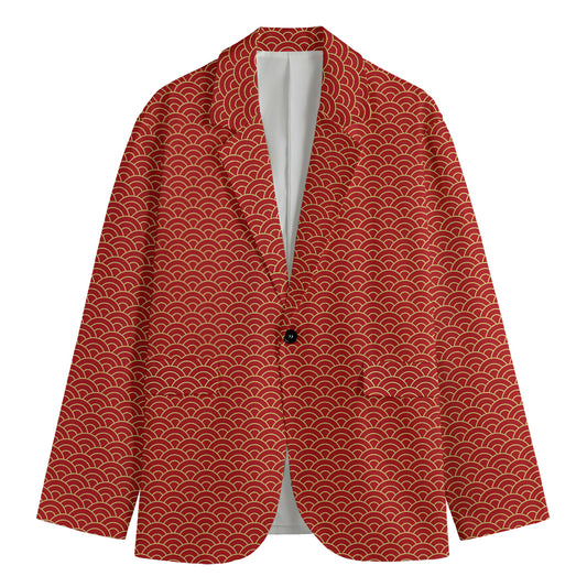 Red Japanese Wave Pattern Print Men's Blazer