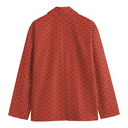 Red Japanese Wave Pattern Print Men's Blazer