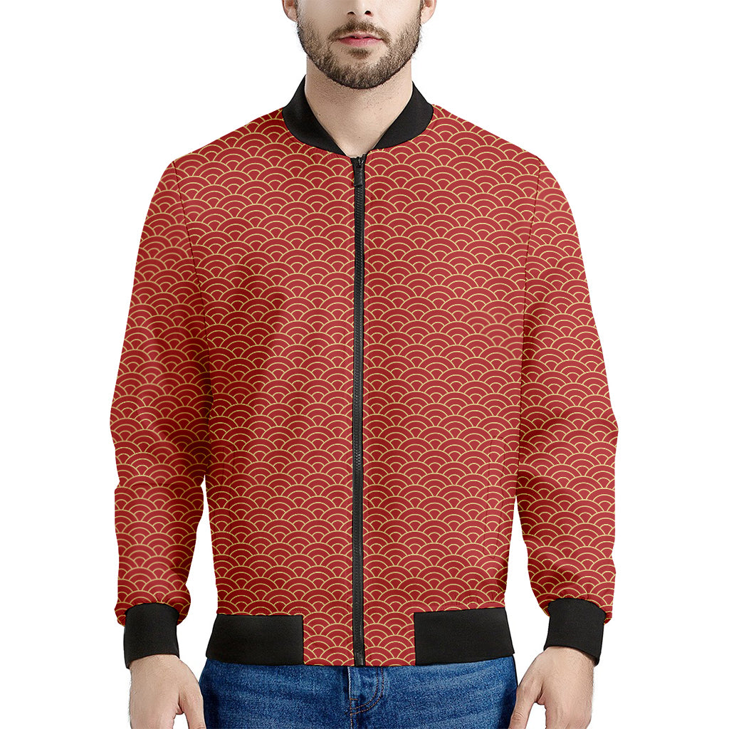 Red Japanese Wave Pattern Print Men's Bomber Jacket