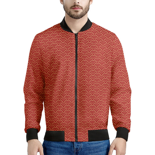Red Japanese Wave Pattern Print Men's Bomber Jacket