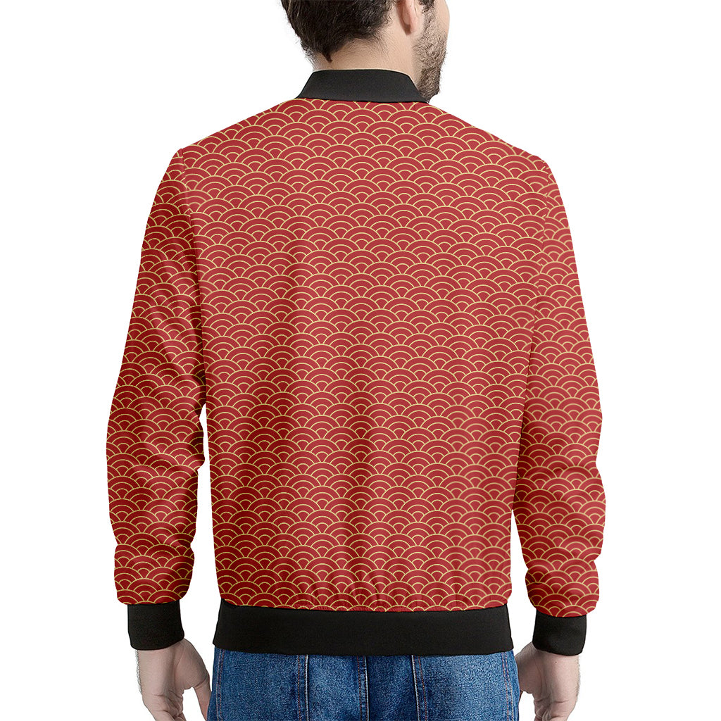 Red Japanese Wave Pattern Print Men's Bomber Jacket