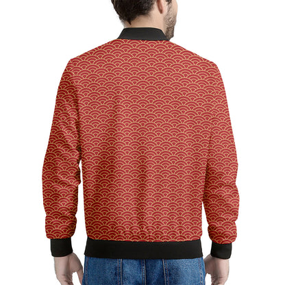 Red Japanese Wave Pattern Print Men's Bomber Jacket