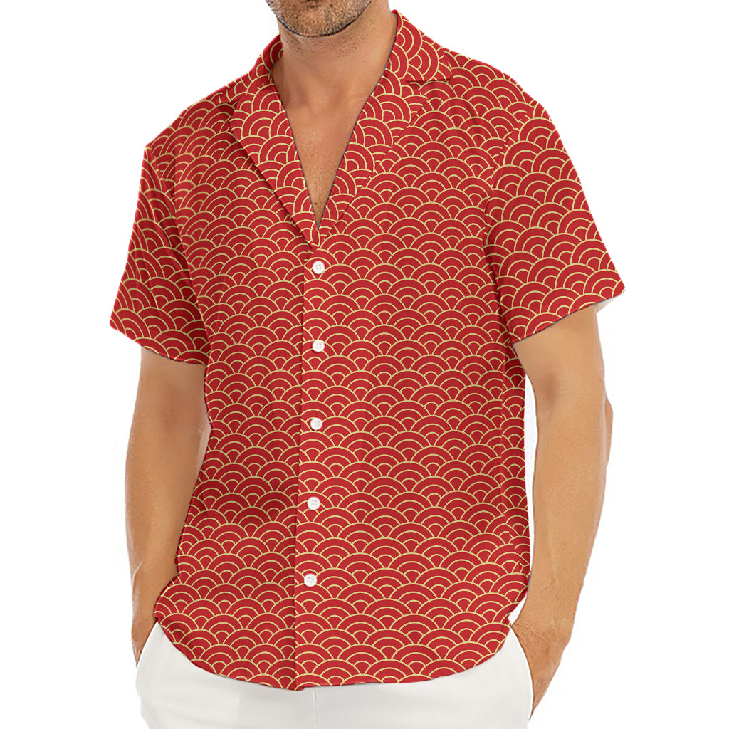 Red Japanese Wave Pattern Print Men's Deep V-Neck Shirt