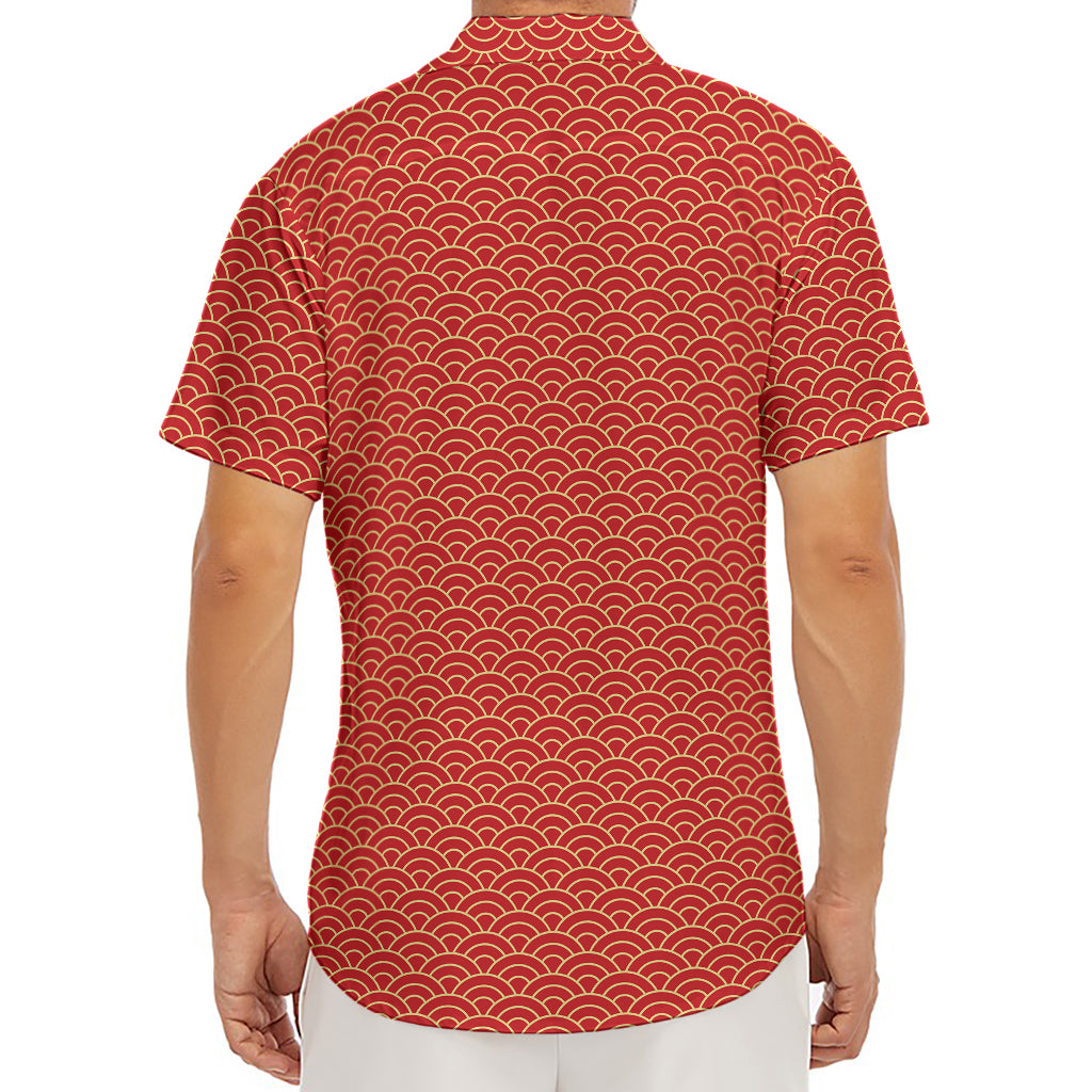Red Japanese Wave Pattern Print Men's Deep V-Neck Shirt