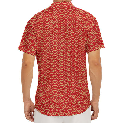 Red Japanese Wave Pattern Print Men's Deep V-Neck Shirt