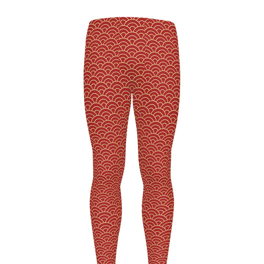 Red Japanese Wave Pattern Print Men's leggings