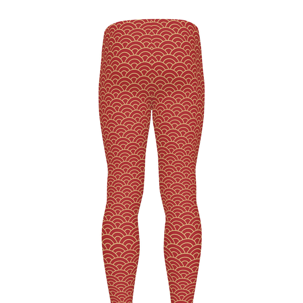 Red Japanese Wave Pattern Print Men's leggings