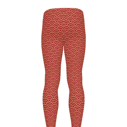 Red Japanese Wave Pattern Print Men's leggings