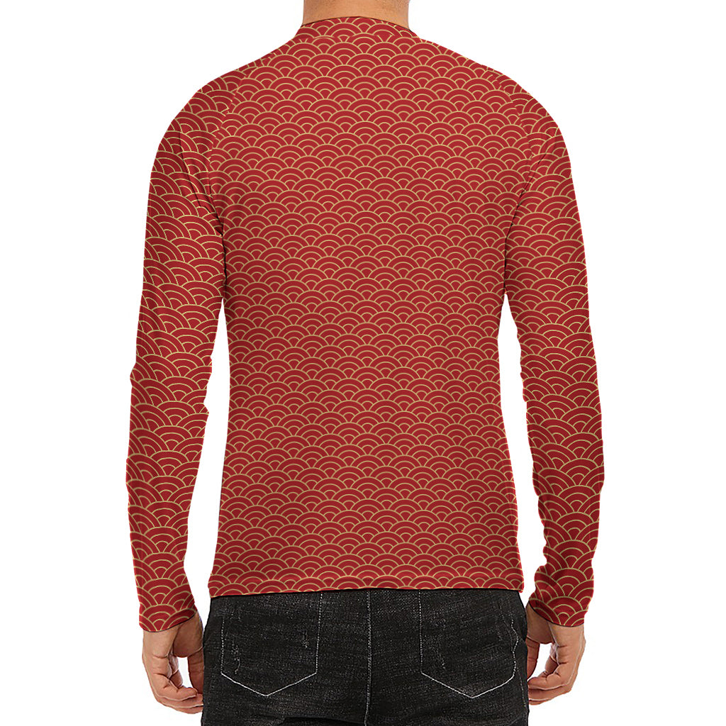 Red Japanese Wave Pattern Print Men's Long Sleeve Rash Guard