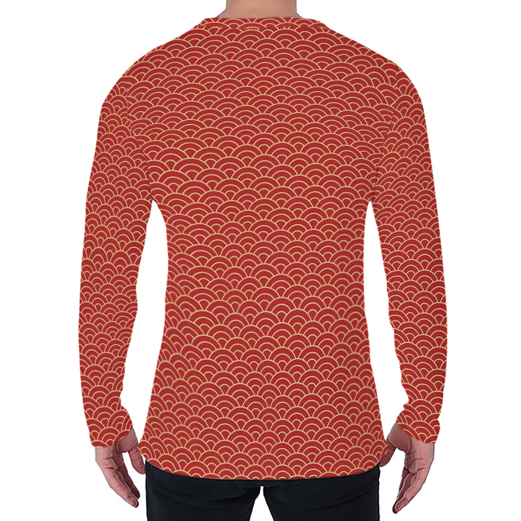Red Japanese Wave Pattern Print Men's Long Sleeve T-Shirt