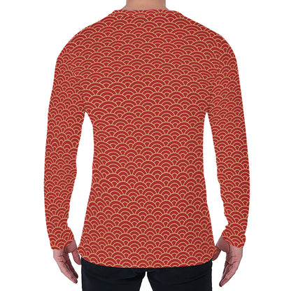 Red Japanese Wave Pattern Print Men's Long Sleeve T-Shirt