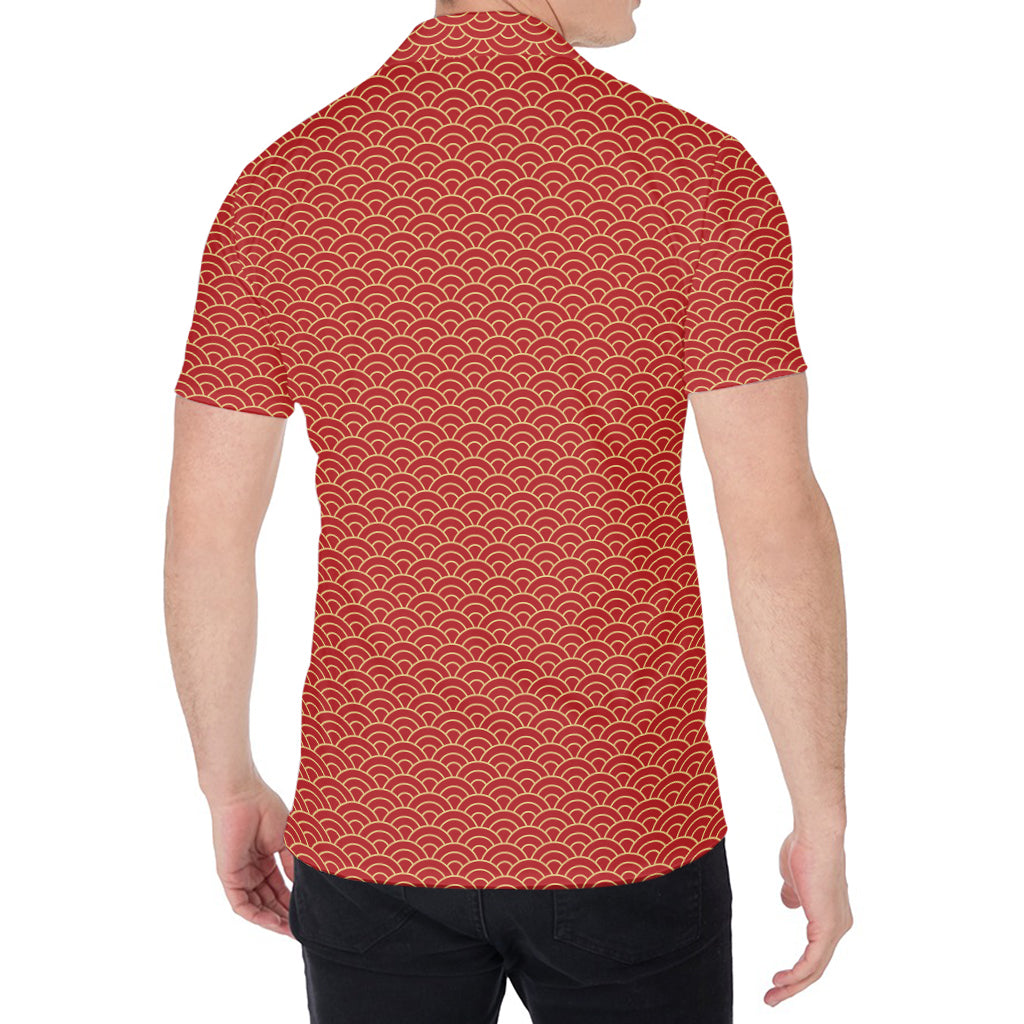 Red Japanese Wave Pattern Print Men's Shirt