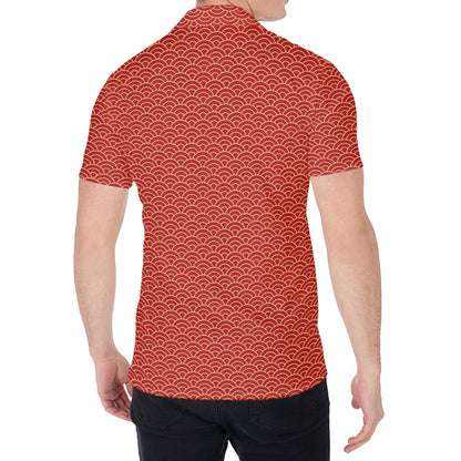 Red Japanese Wave Pattern Print Men's Shirt