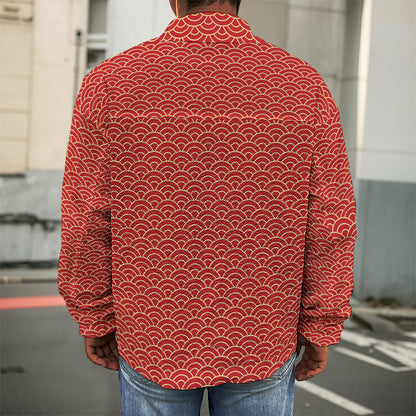 Red Japanese Wave Pattern Print Men's Shirt Jacket