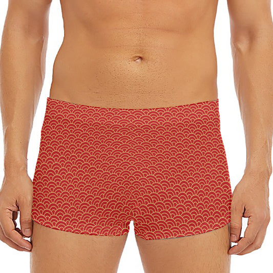 Red Japanese Wave Pattern Print Men's Short Boxer Briefs