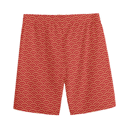 Red Japanese Wave Pattern Print Men's Sports Shorts