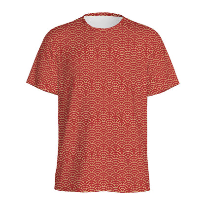 Red Japanese Wave Pattern Print Men's Sports T-Shirt