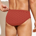 Red Japanese Wave Pattern Print Men's Swim Briefs