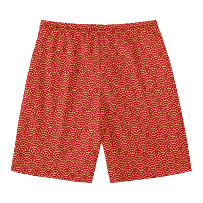 Red Japanese Wave Pattern Print Men's Swim Trunks