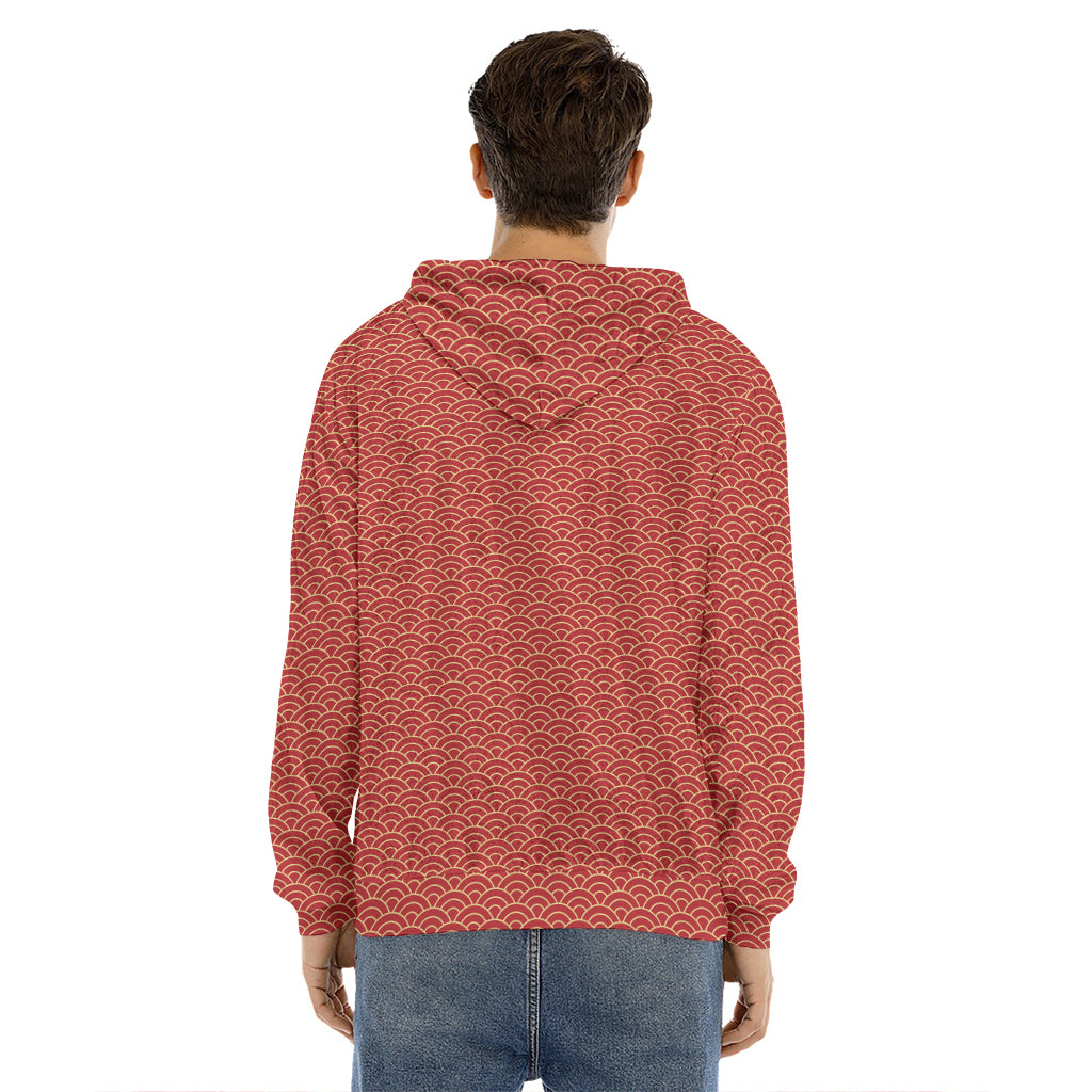 Red Japanese Wave Pattern Print Men's Velvet Pullover Hoodie