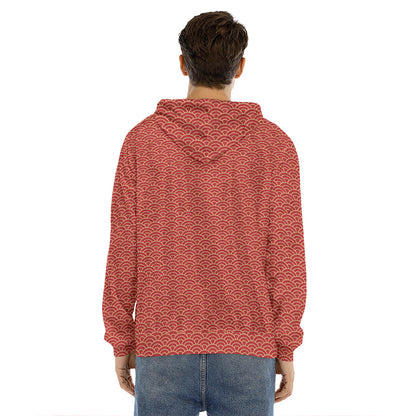 Red Japanese Wave Pattern Print Men's Velvet Pullover Hoodie