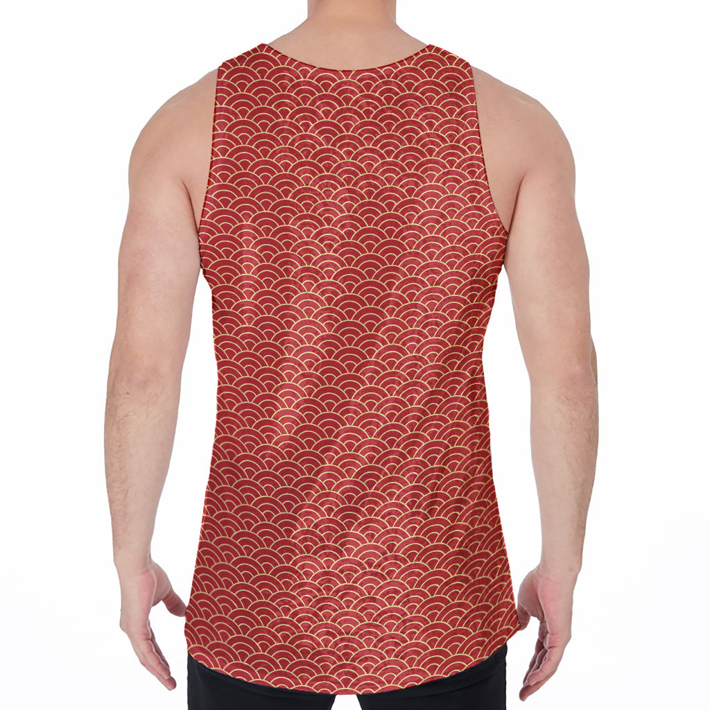 Red Japanese Wave Pattern Print Men's Velvet Tank Top