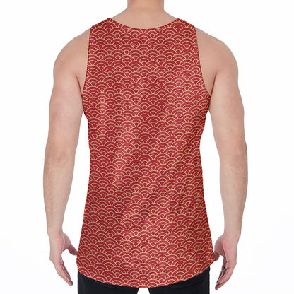Red Japanese Wave Pattern Print Men's Velvet Tank Top