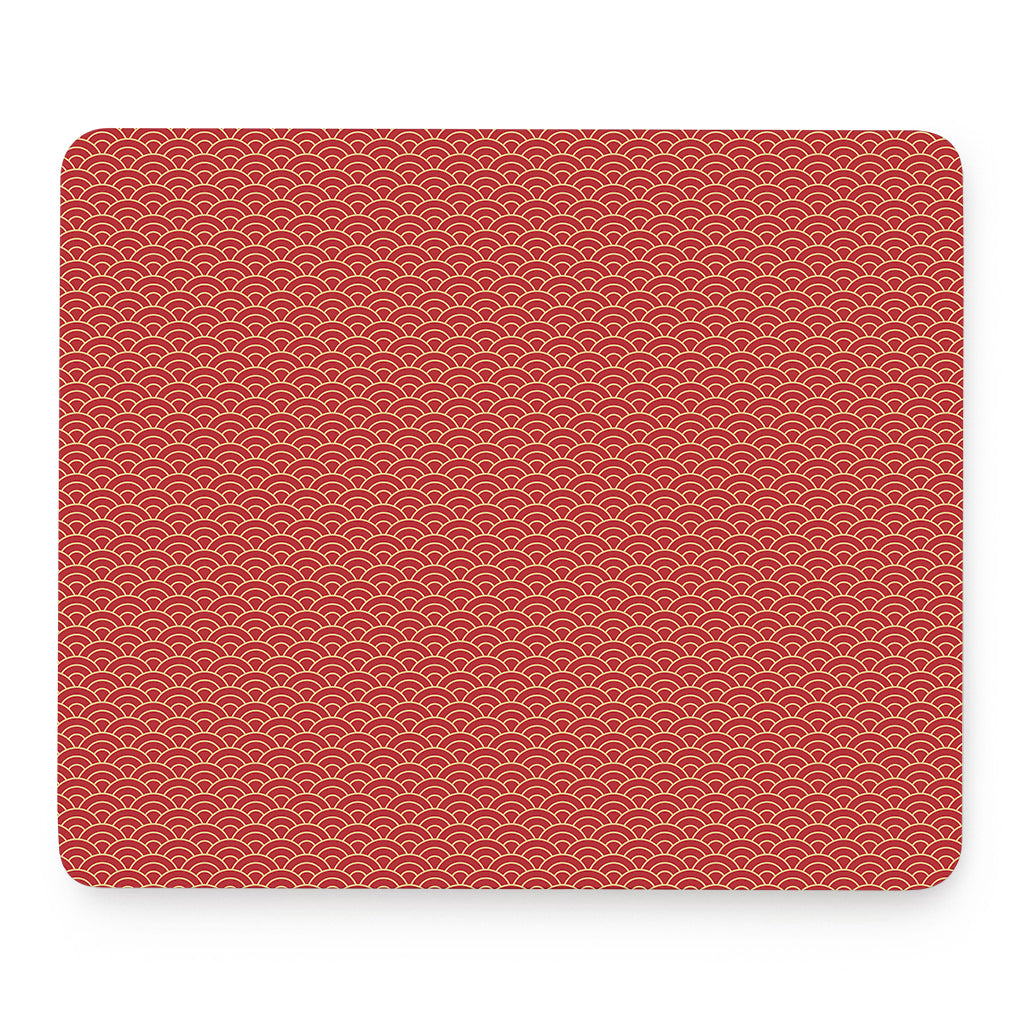 Red Japanese Wave Pattern Print Mouse Pad