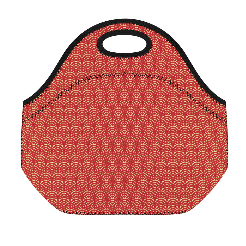 Red Japanese Wave Pattern Print Neoprene Lunch Bag