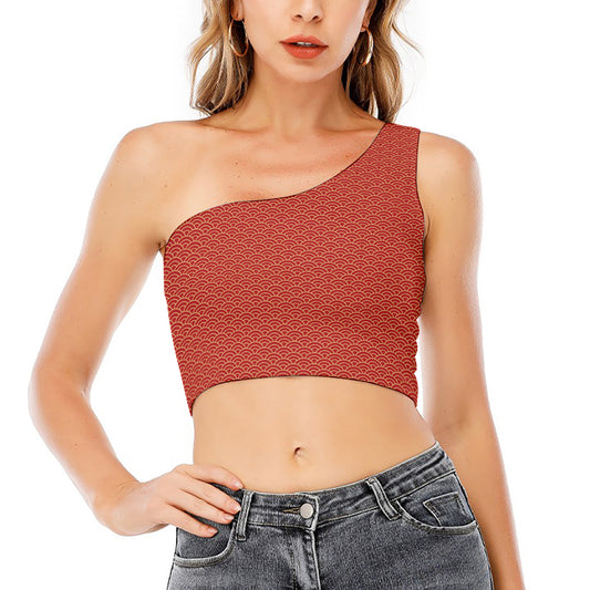 Red Japanese Wave Pattern Print One Shoulder Crop Top