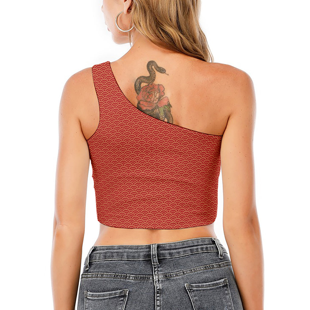 Red Japanese Wave Pattern Print One Shoulder Crop Top