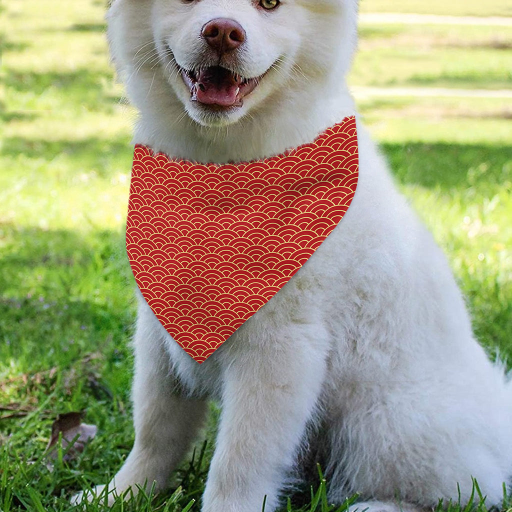 Red Japanese Wave Pattern Print Over The Collar Dog Bandana