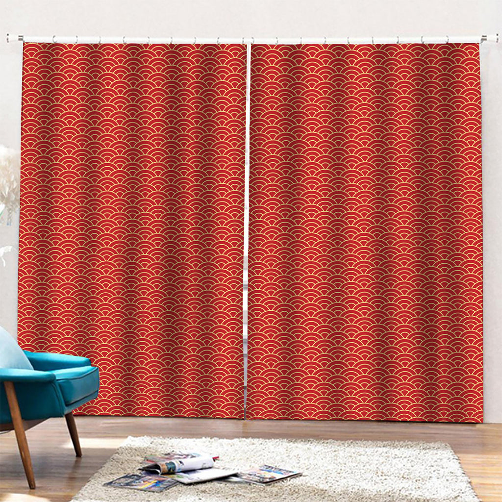 Red Japanese Wave Pattern Print Pencil Pleat Curtains