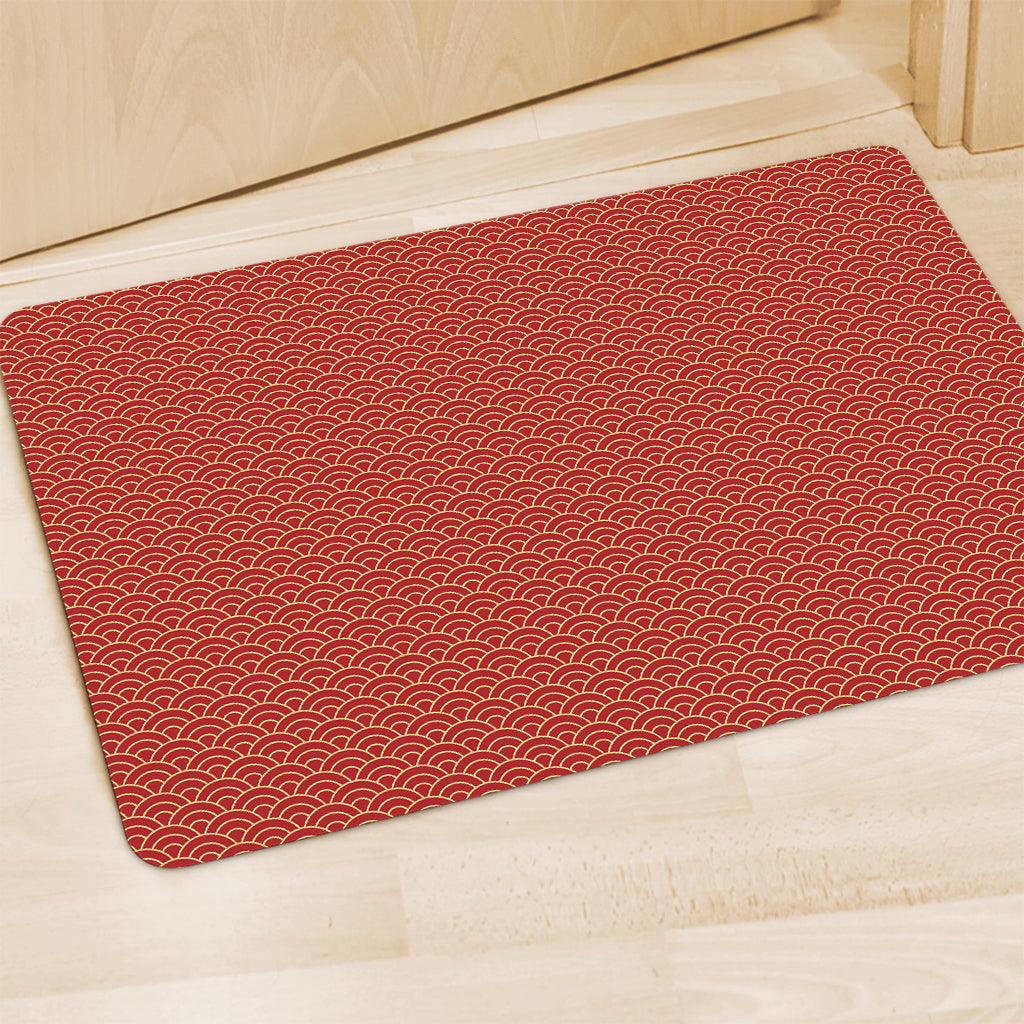 Red Japanese Wave Pattern Print Polyester Doormat