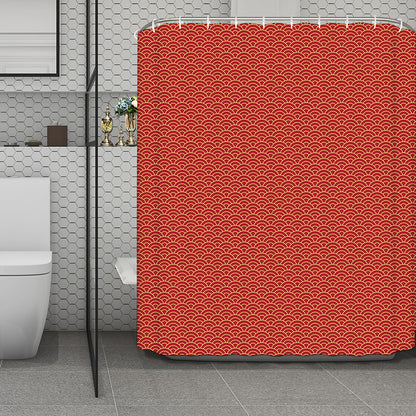 Red Japanese Wave Pattern Print Polyester Shower Curtain