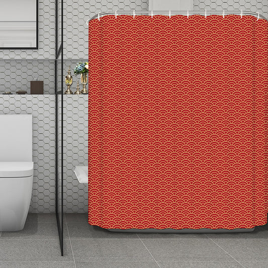 Red Japanese Wave Pattern Print Polyester Shower Curtain