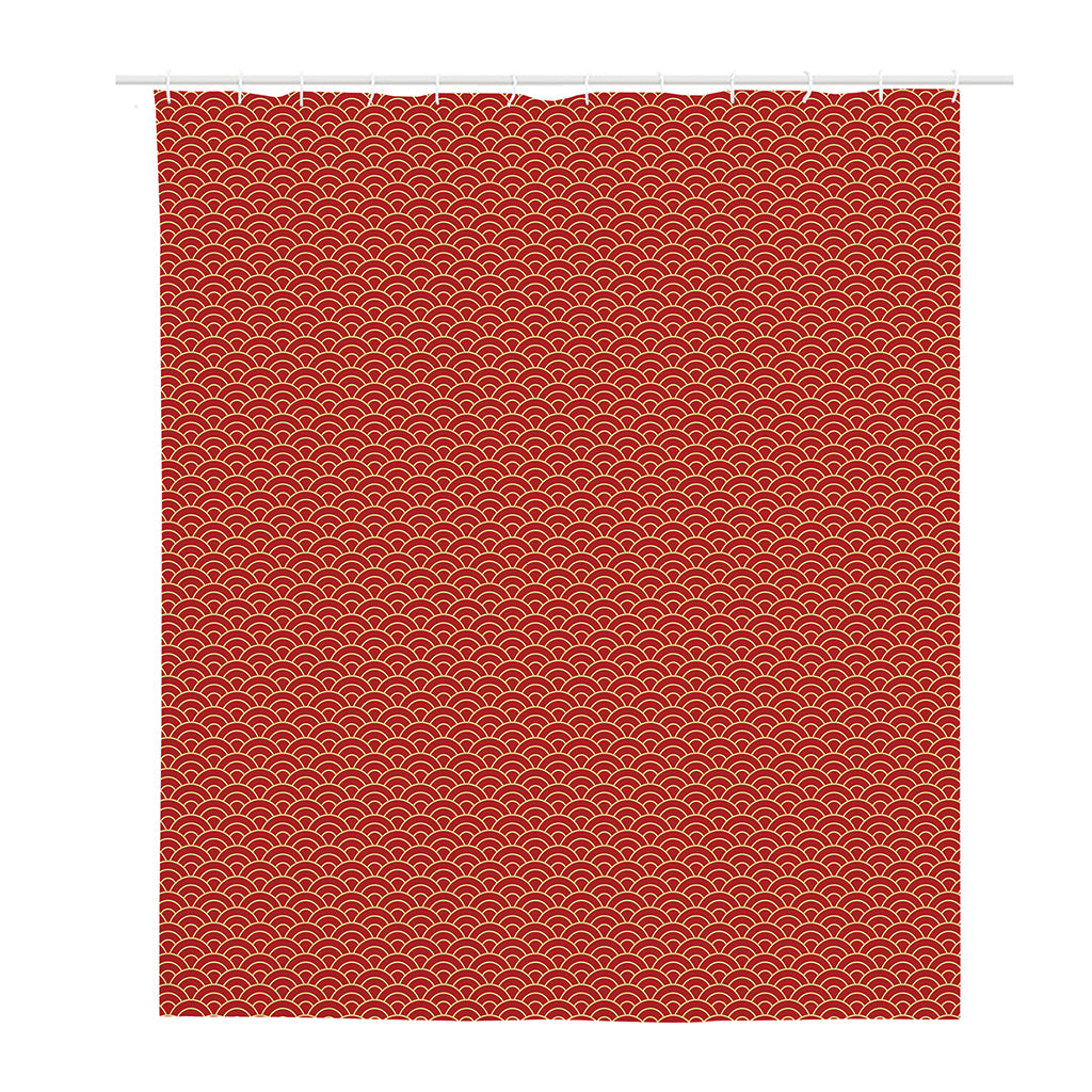 Red Japanese Wave Pattern Print Polyester Shower Curtain