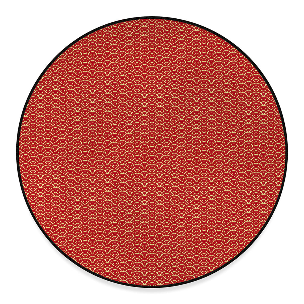 Red Japanese Wave Pattern Print Round Floor Mat